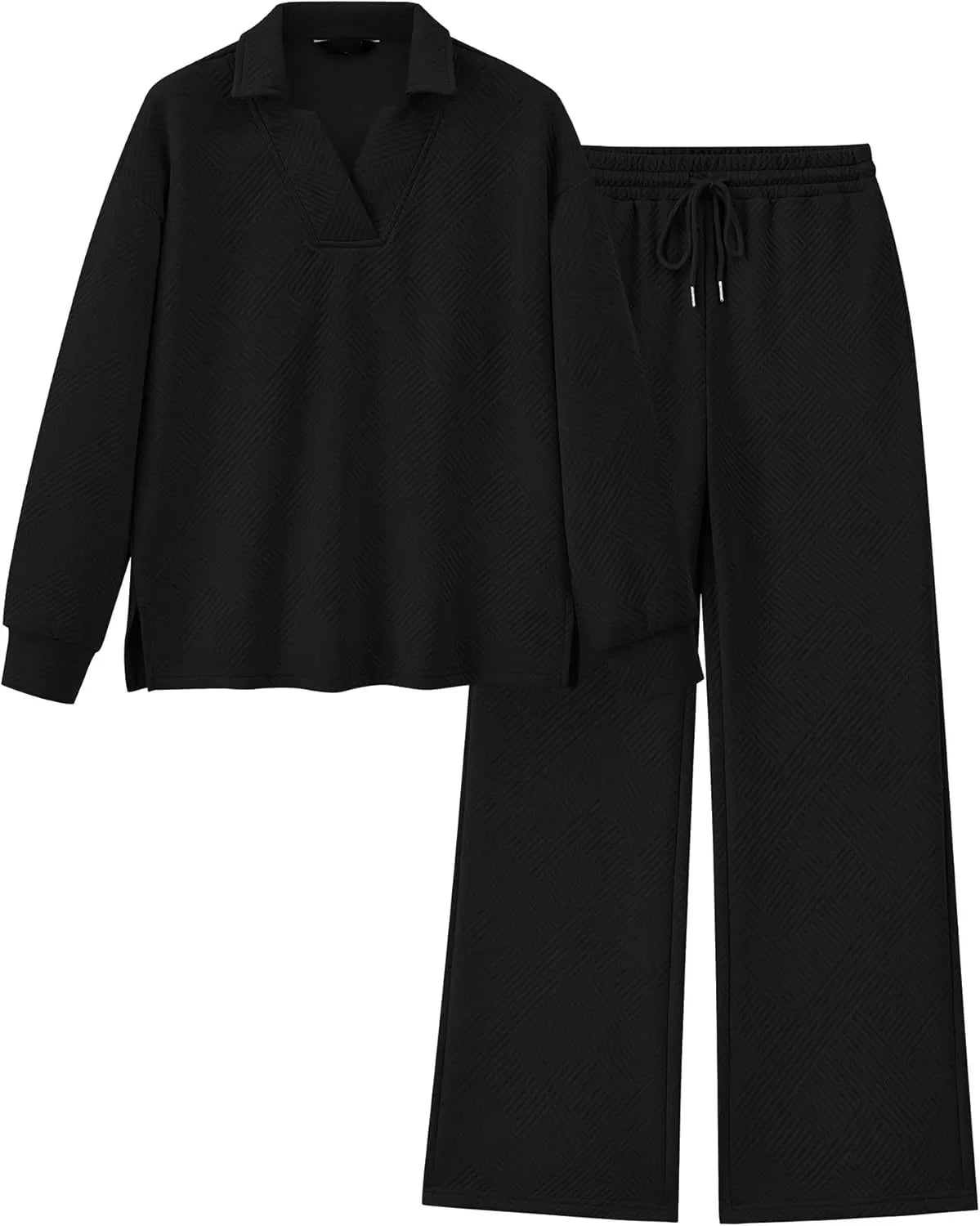 Women's Lapel V Neck Textured Lounge Sets