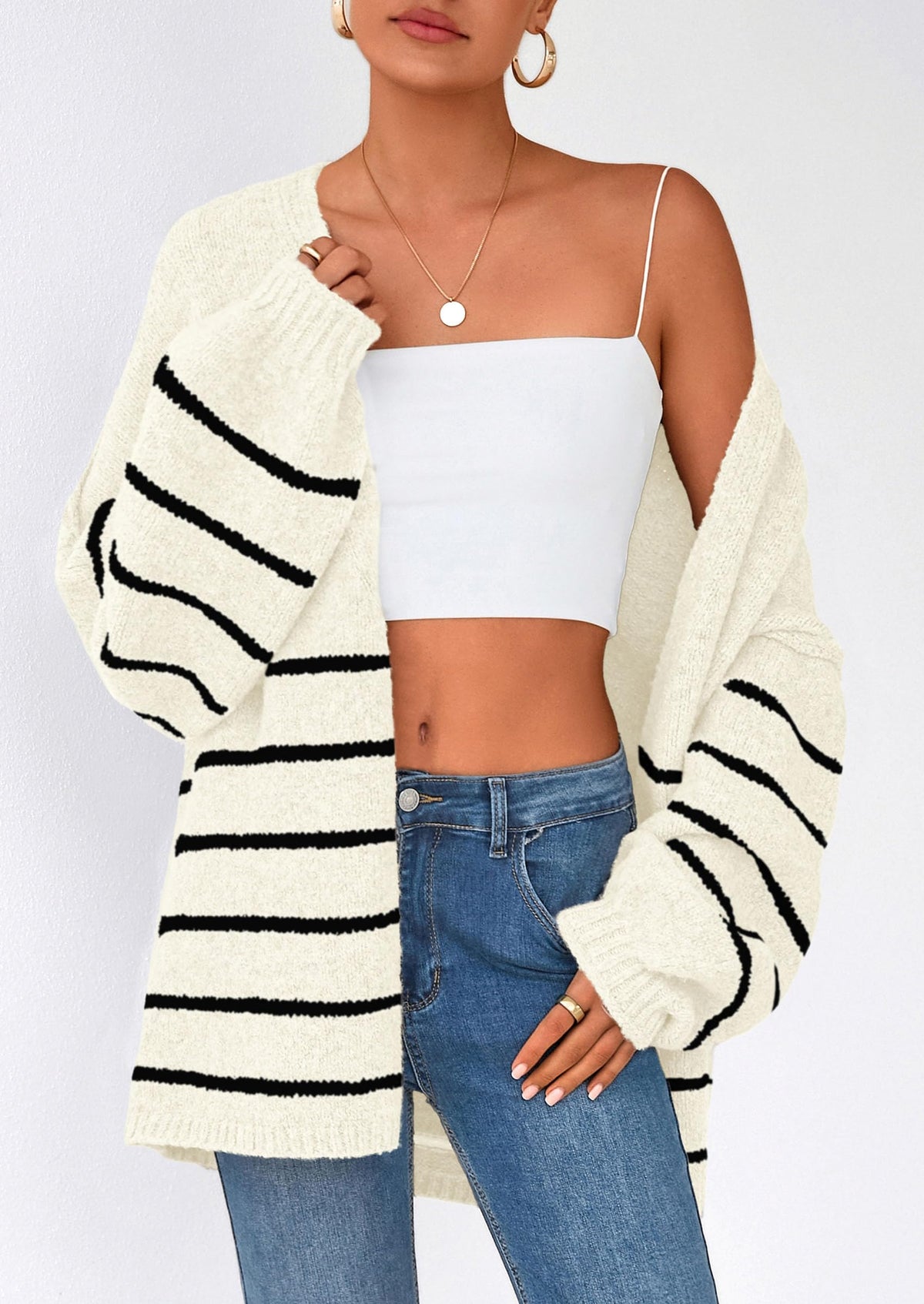 Women's Oversized Balloon Sleeve Striped Cardigan