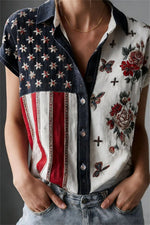 America 250th Anniversary Multi Floral Flag Print Collared Short Sleeve Shirt