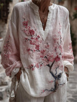 Women's White Pink Plum Blossom Embroidery V Neck Long Sleeve Blouse