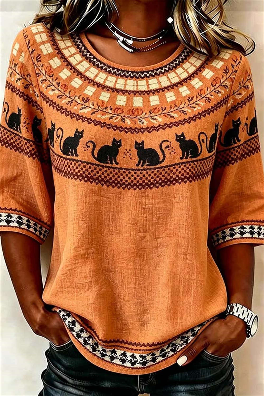Women's Halloween Orange Black Cat Print Round Neck Half Sleeve Blouse