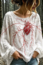Women's Halloween White Heart Floral Print Round Neck Puff Long Sleeve Blouse
