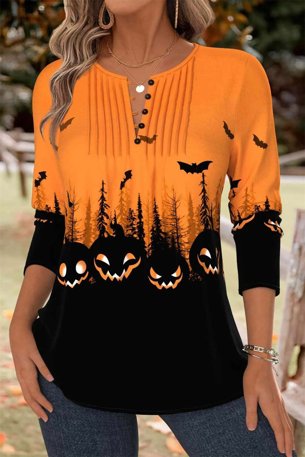 Women's Halloween Orange Halloween Split Neck Long Sleeve Blouse