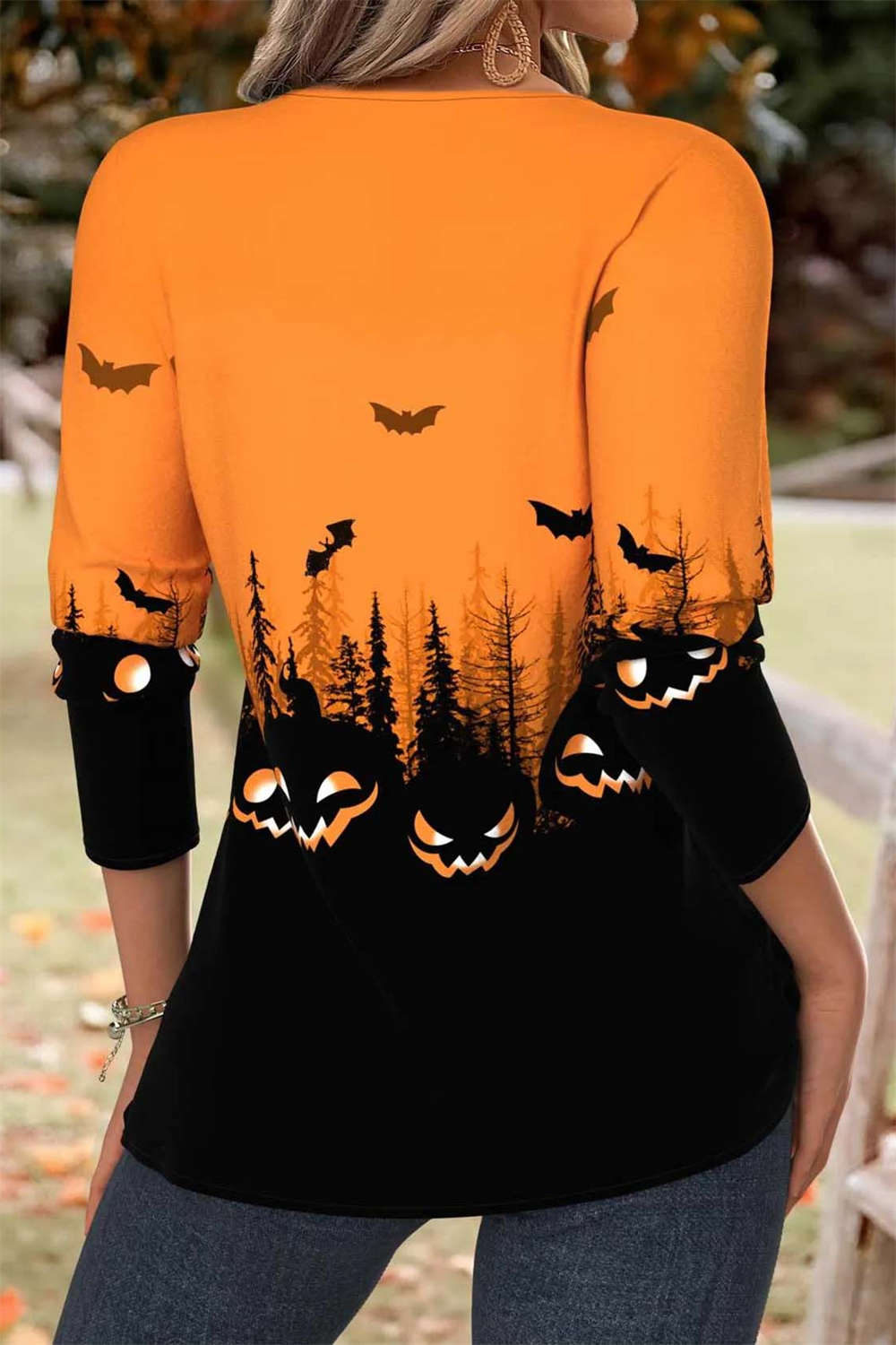 Women's Halloween Orange Halloween Split Neck Long Sleeve Blouse
