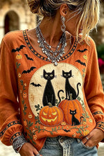 Women's Halloween Orange Black Cat Pumpkin Print Round Neck Long Sleeve Blouse