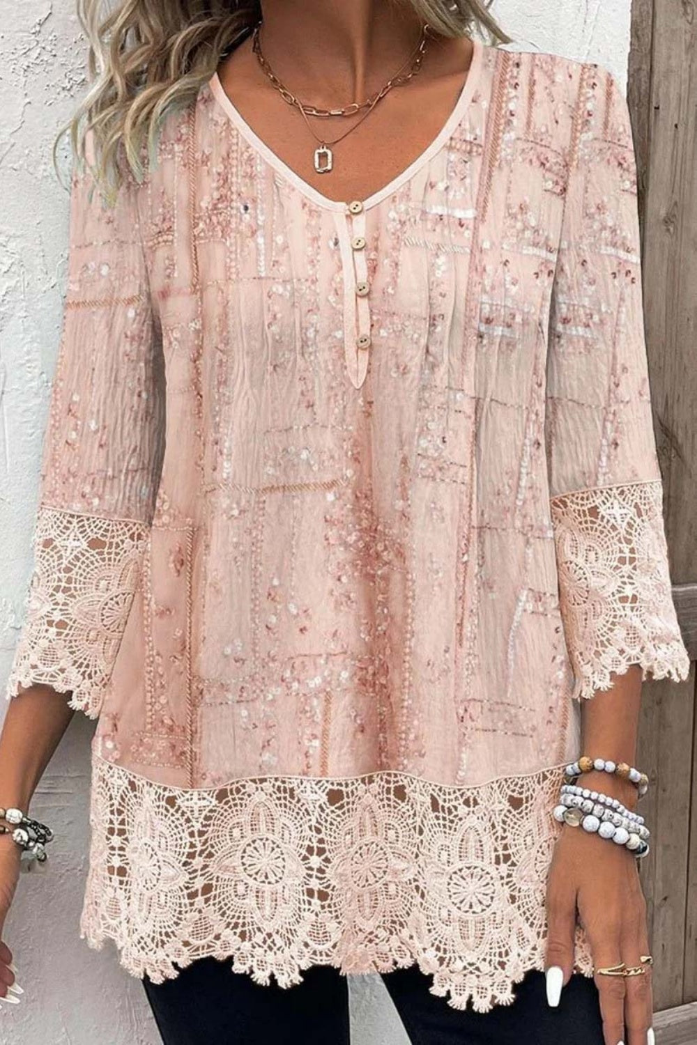 Women's Pink Floral Print V Neck 3/4 Sleeves Blouse