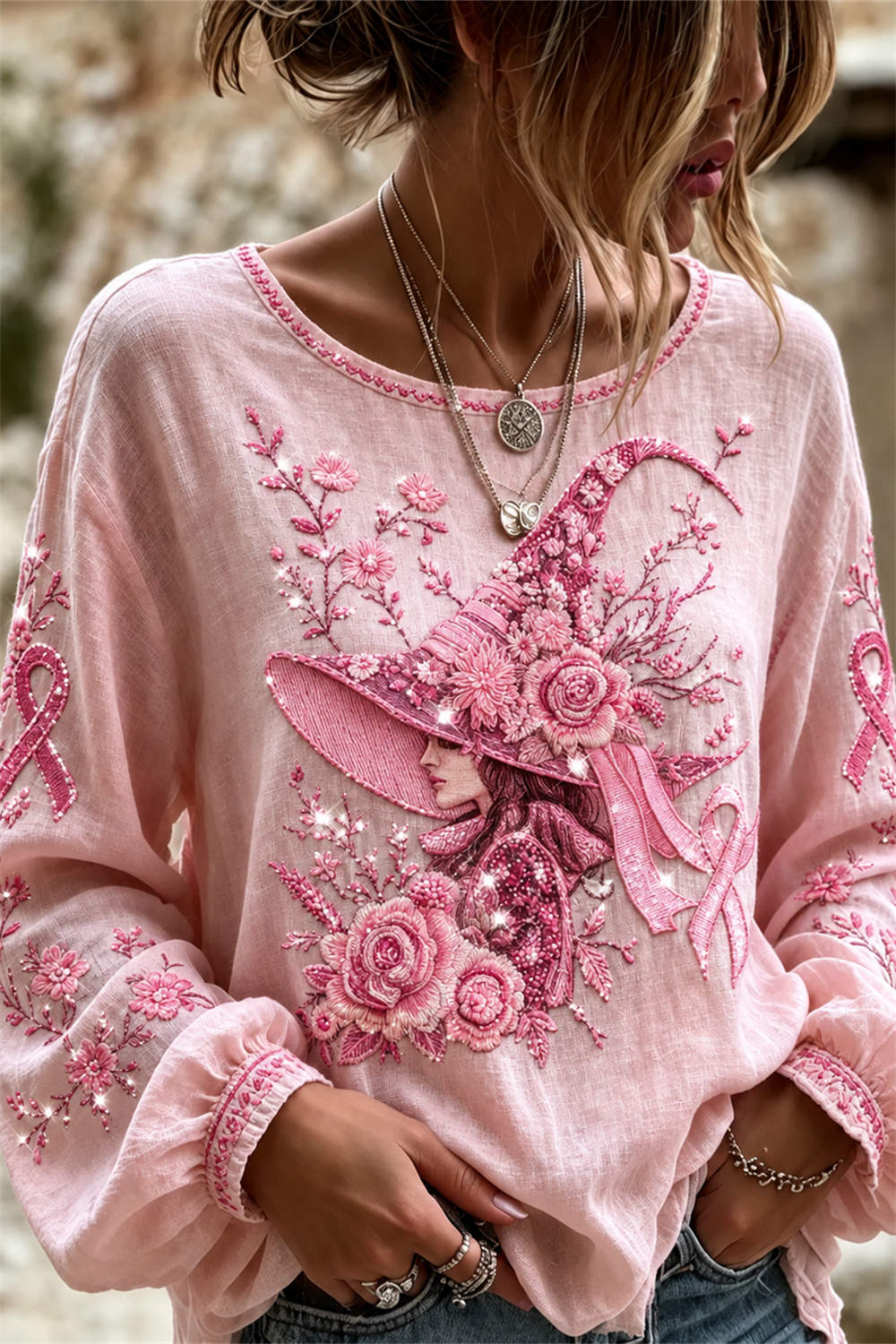 Women's Halloween Pink Witch Floral Ribbon Print Round Neck Long Sleeve Blouse