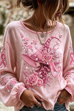 Women's Halloween Pink Witch Floral Ribbon Print Round Neck Long Sleeve Blouse