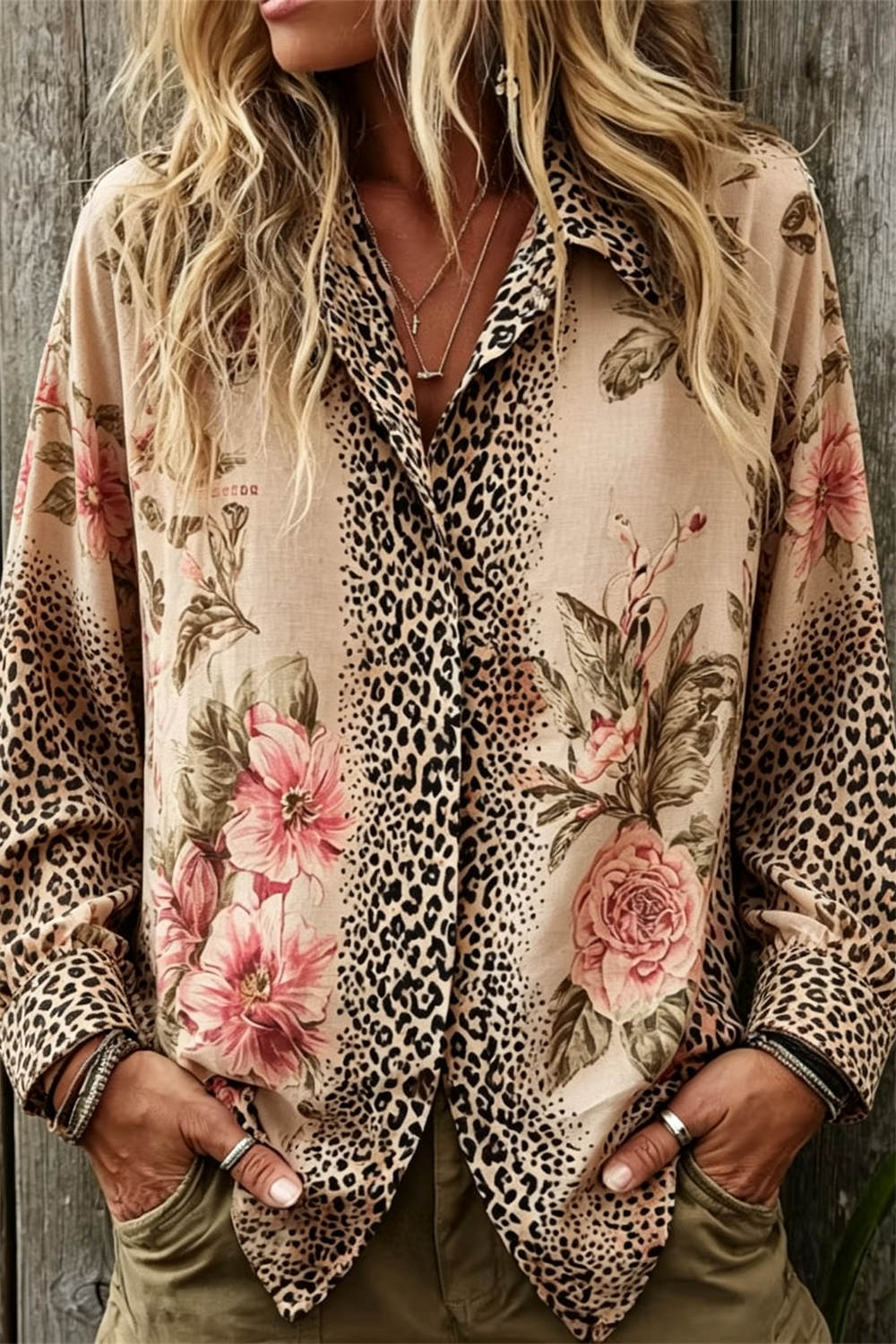 Women's Multi Leopard Floral Print Shirt Collar Long Sleeve Blouse
