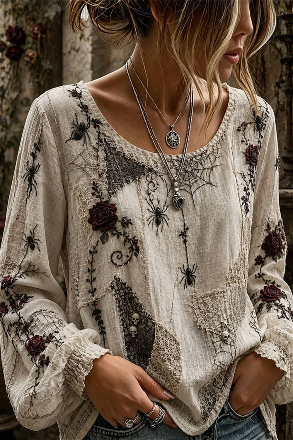 Women's Beige Spider Rose Lace Patchwork Round Neck Long Sleeve Blouse