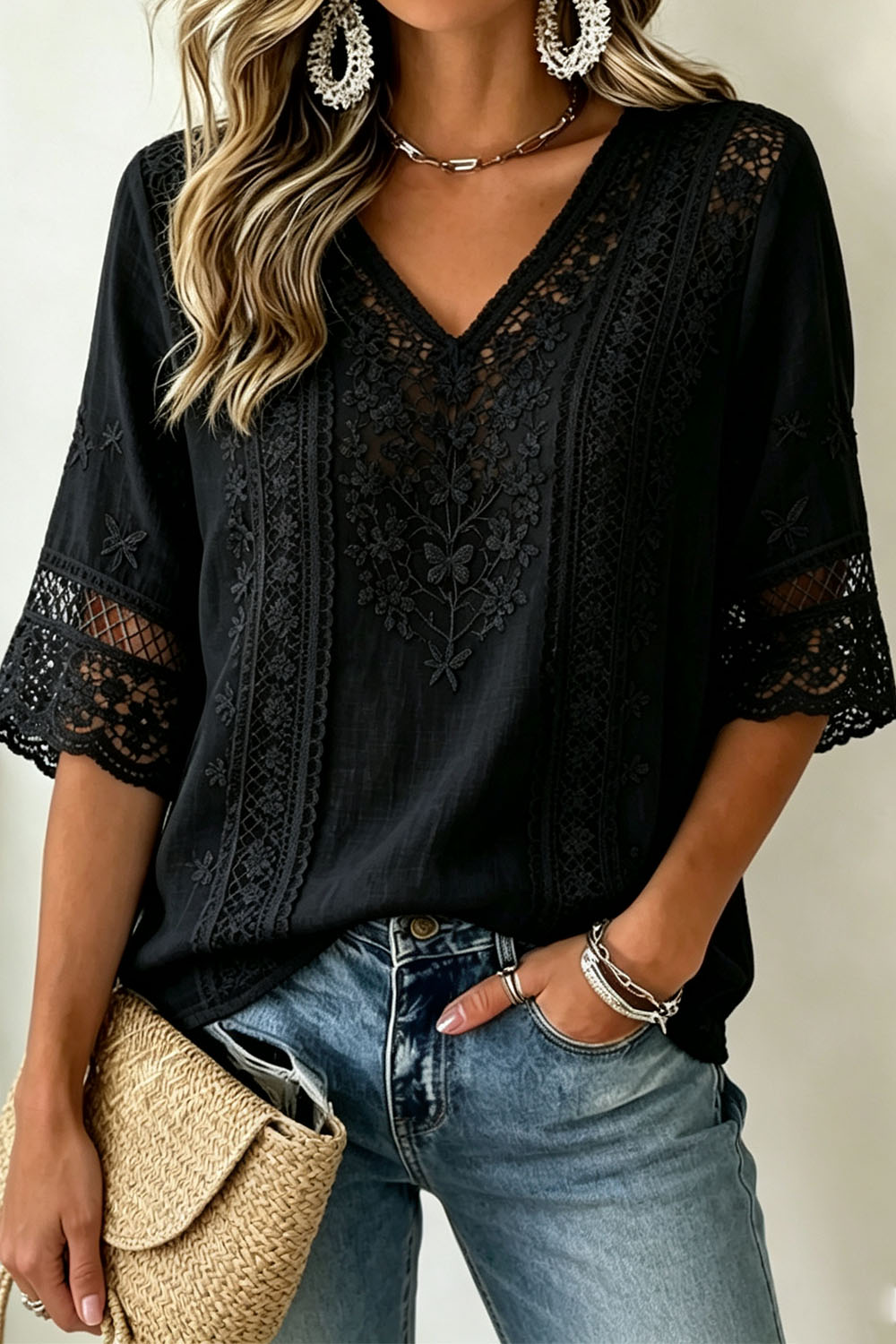 Women's Black Floral Lace V Neck 3/4 Sleeve Blouse