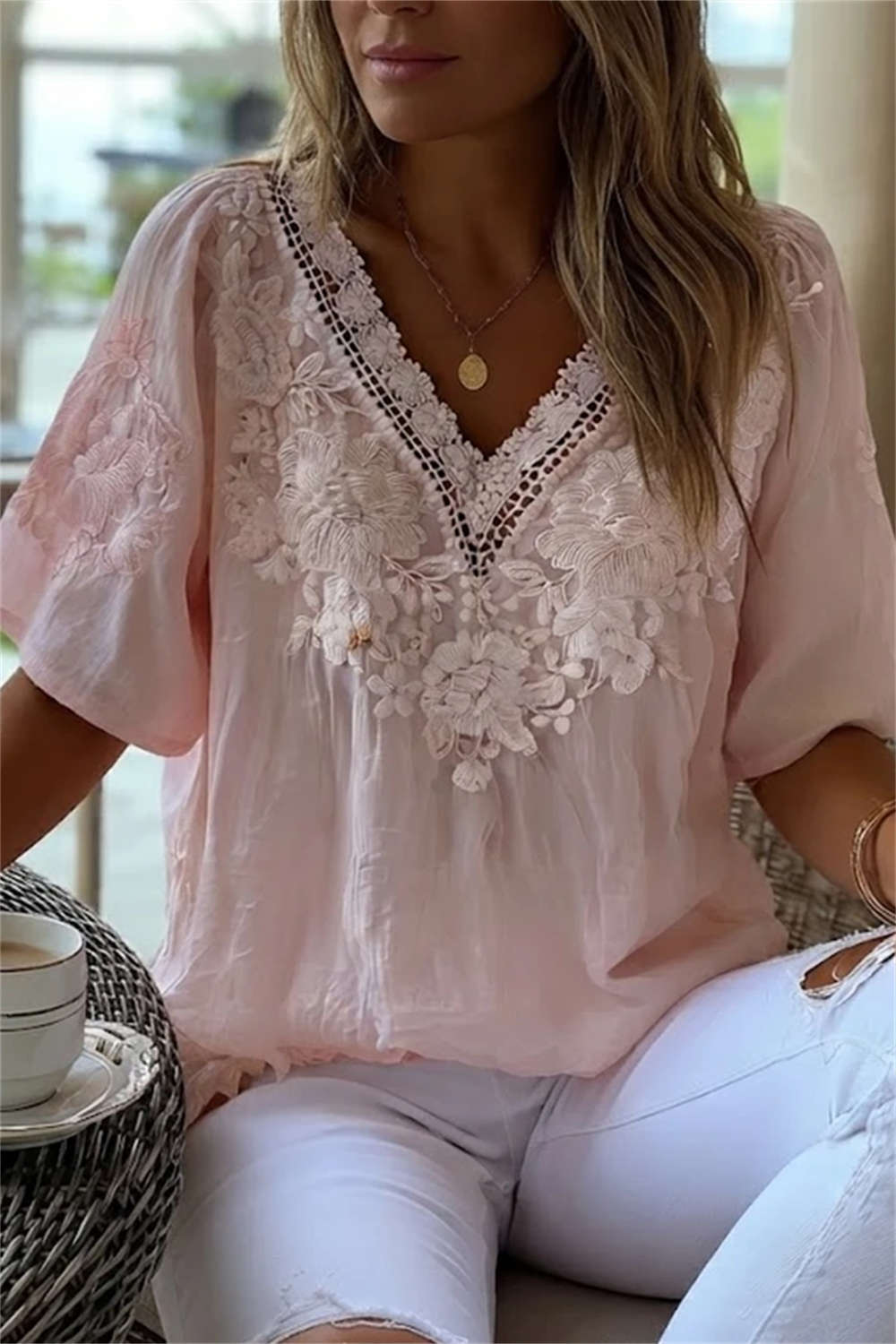 Women's Light Pink 3D Floral Lace V Neck Short Sleeve Blouse