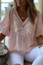 Women's Light Pink 3D Floral Lace V Neck Short Sleeve Blouse