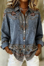 Women's Washed Blue Ethnic Floral Lapel Collar Long Sleeve Shirt