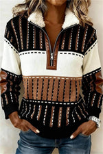 Women's Multi Striped Print Collared Long Sleeve Half-Zip Pullover Sweater