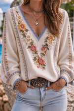 Women's Beige Floral Lace V Neck Long Sleeve Sweater