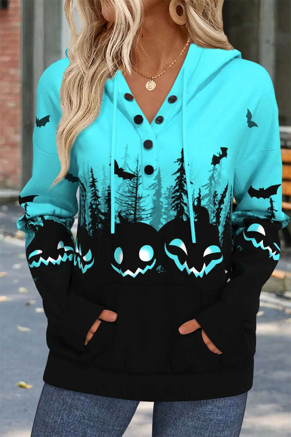 Women's Halloween Multi Pumpkin Bat V Neck Hoodie