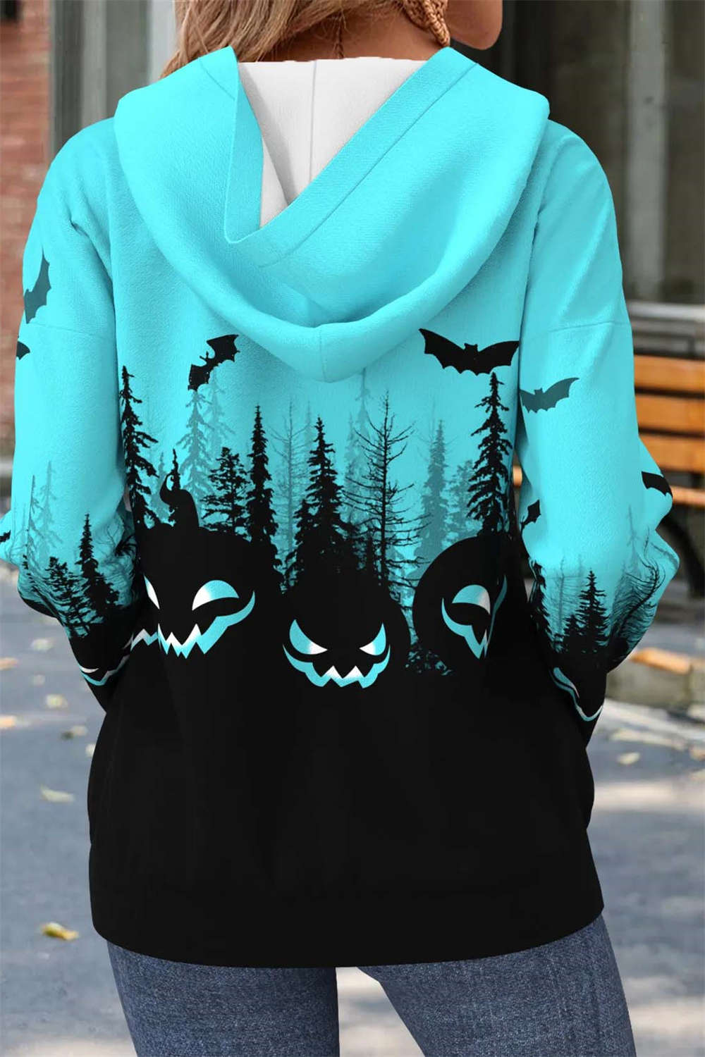 Women's Halloween Multi Pumpkin Bat V Neck Hoodie
