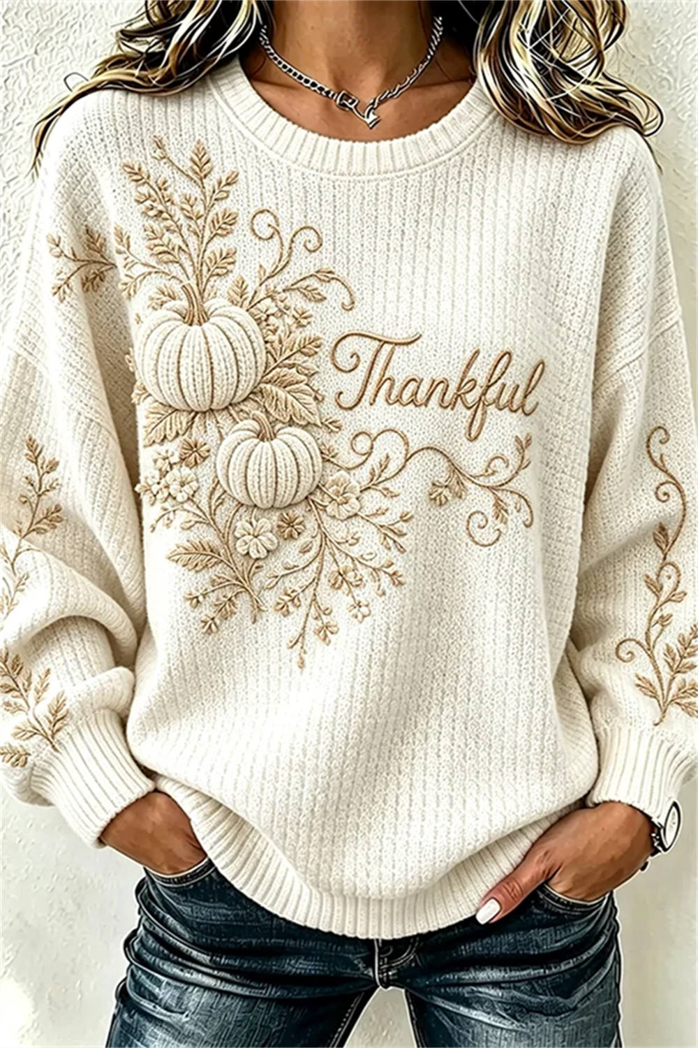 Women's Thanksgiving Cream Pumpkin Floral Letter Print Crew Neck Long Sleeve Sweatshirt