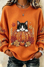 Women's Halloween Orange Cat Pumpkin Maple Leaf Print Crew Neck Long Sleeve Top