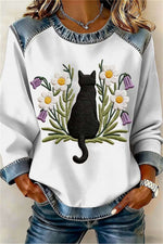 Women's White Cat Floral Round Neck Long Sleeves Top