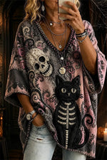 Women's Halloween Multi Skull Cat Print V Neck Three Quarter Sleeve Top