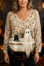 Women's Halloween Beige Ghost Cat Bathtub Print V Neck Long Sleeve Top