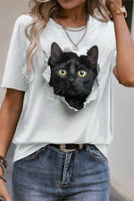 White Cat Graphic Round Neck Short Sleeve Tee