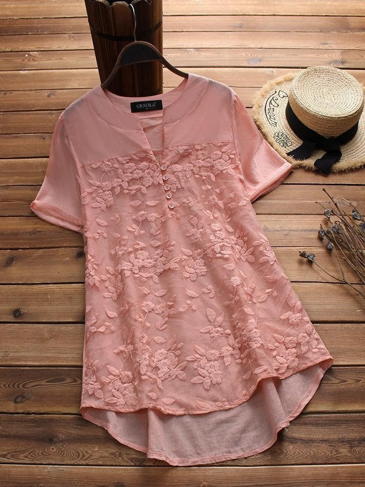 Women's V-neck Floral Embroidery Short Sleeves T-shirt