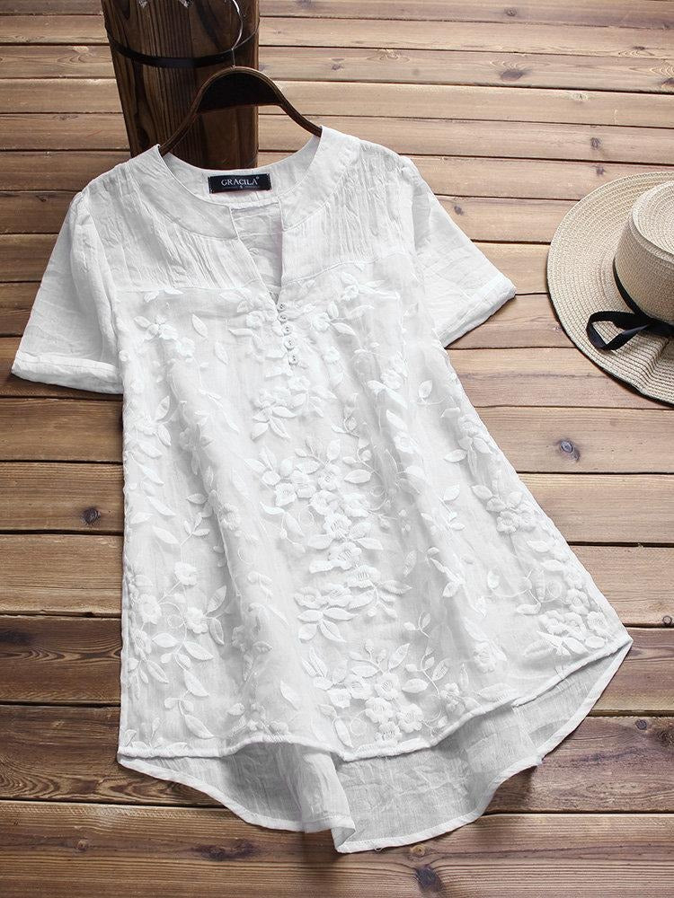 Women's V-neck Floral Embroidery Short Sleeves T-shirt