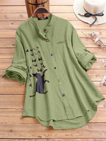 Women's Collared Neck Cat Print Long Sleeves Shirt
