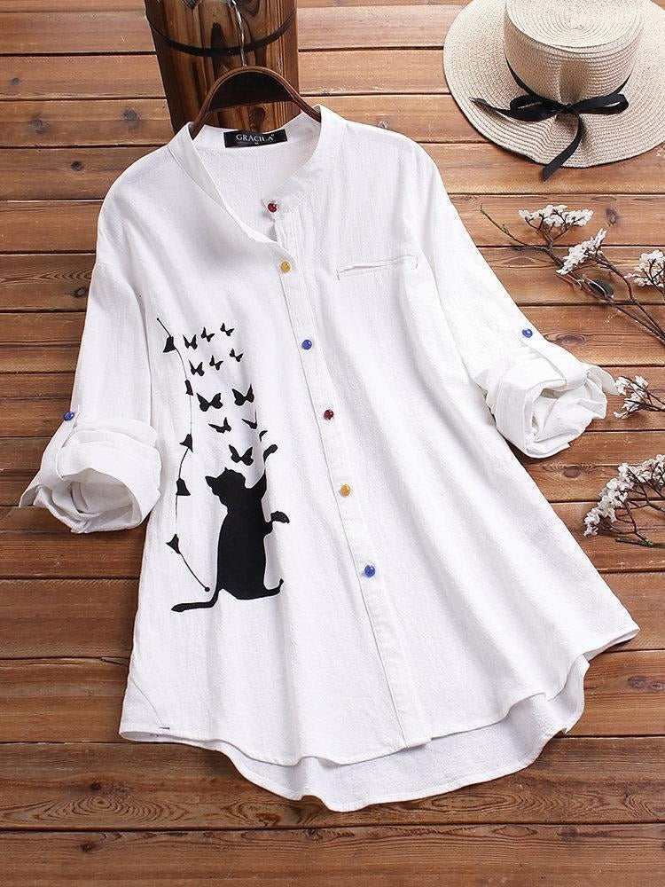 Women's Collared Neck Cat Print Long Sleeves Shirt