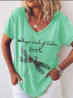 Dragonfly Print V-neck Short Sleeves T-shirt