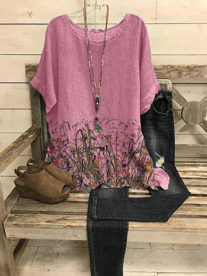 Floral Print Round Neck Short Sleeves T-shirt