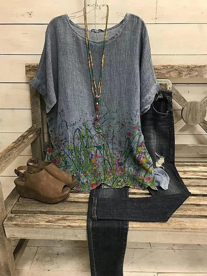Floral Print Round Neck Short Sleeves T-shirt