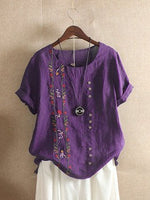 Floral Embroidery Round Neck Short Sleeves T-shirt