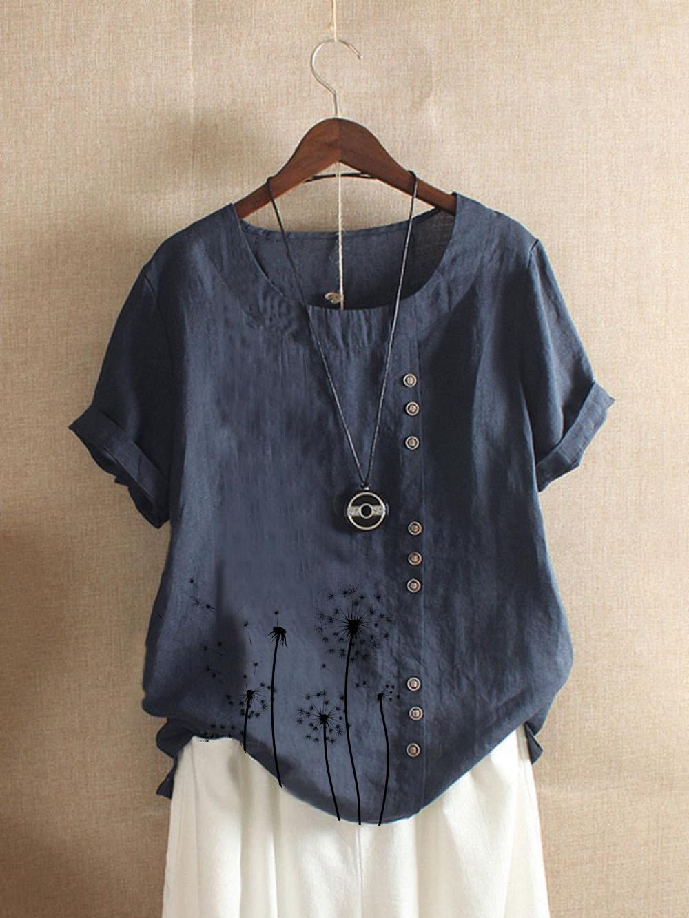 Dandelion Print Buttons Short Sleeves T-shirt
