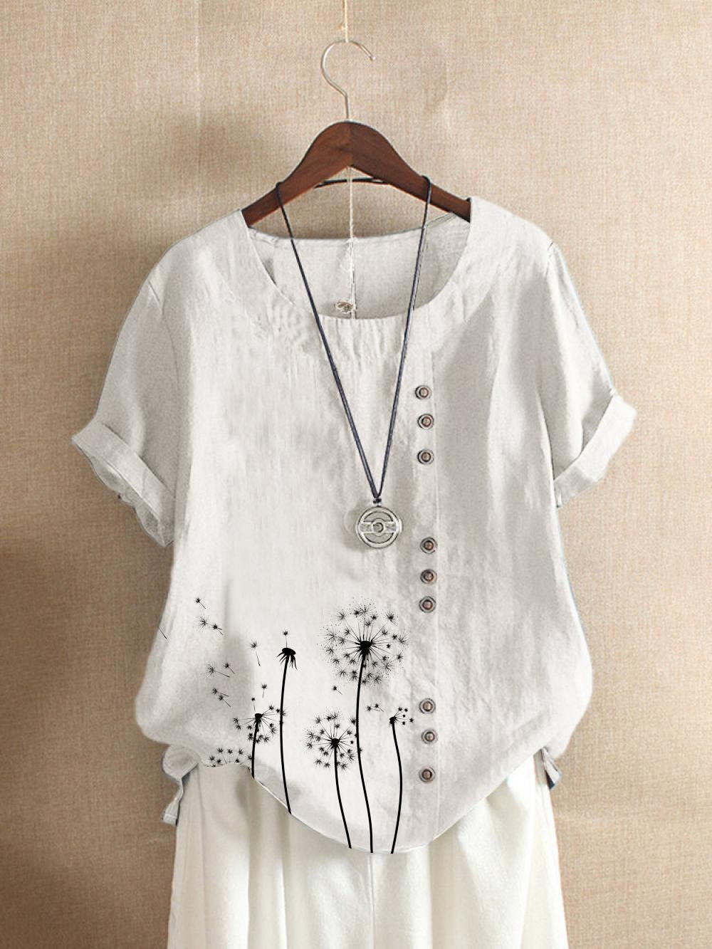 Dandelion Print Buttons Short Sleeves T-shirt