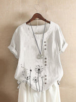 Dandelion Print Buttons Short Sleeves T-shirt