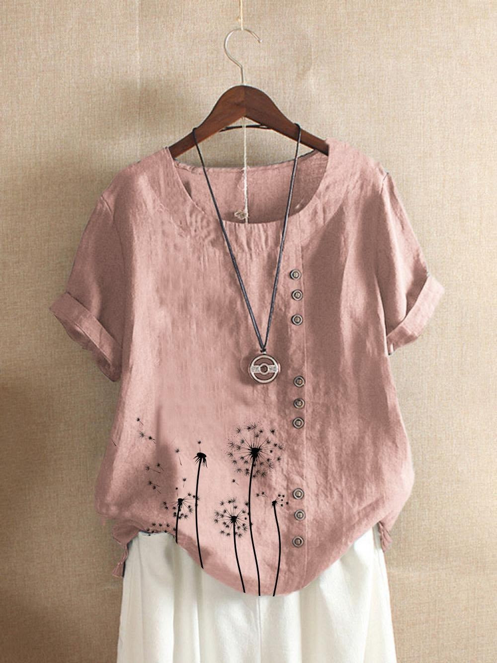 Dandelion Print Buttons Short Sleeves T-shirt