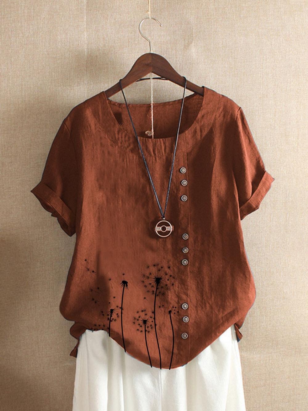 Dandelion Print Buttons Short Sleeves T-shirt