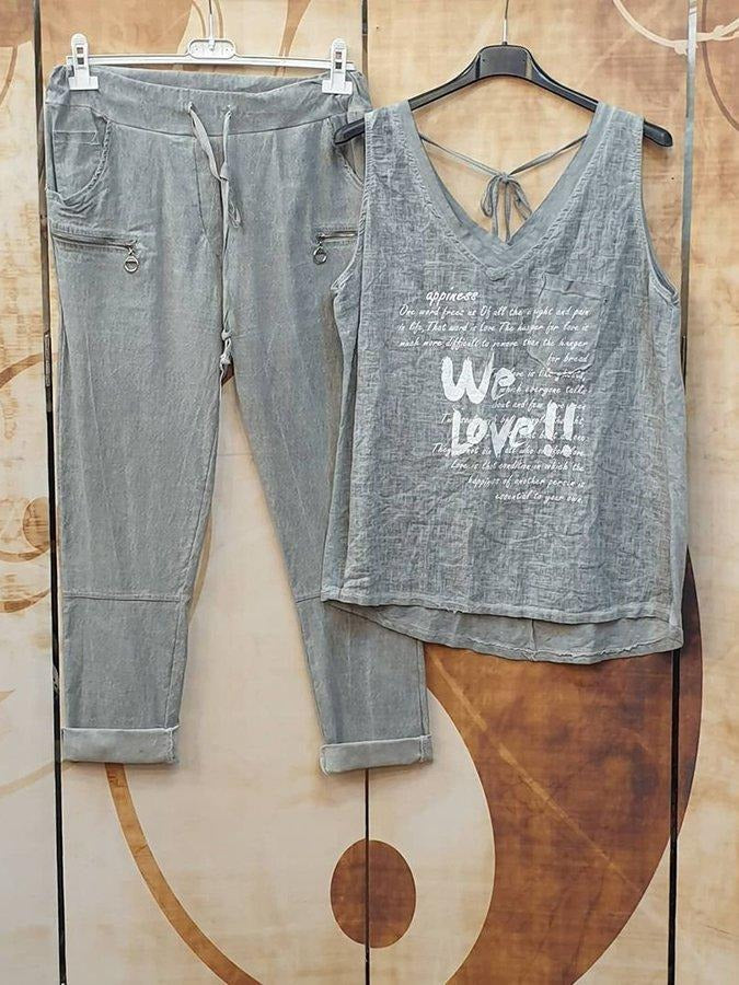 Letter Print Casual Sleeveless Two Piece Suit