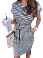 Women's Short Sleeve Striped Tie Waist T-Shirt Dress
