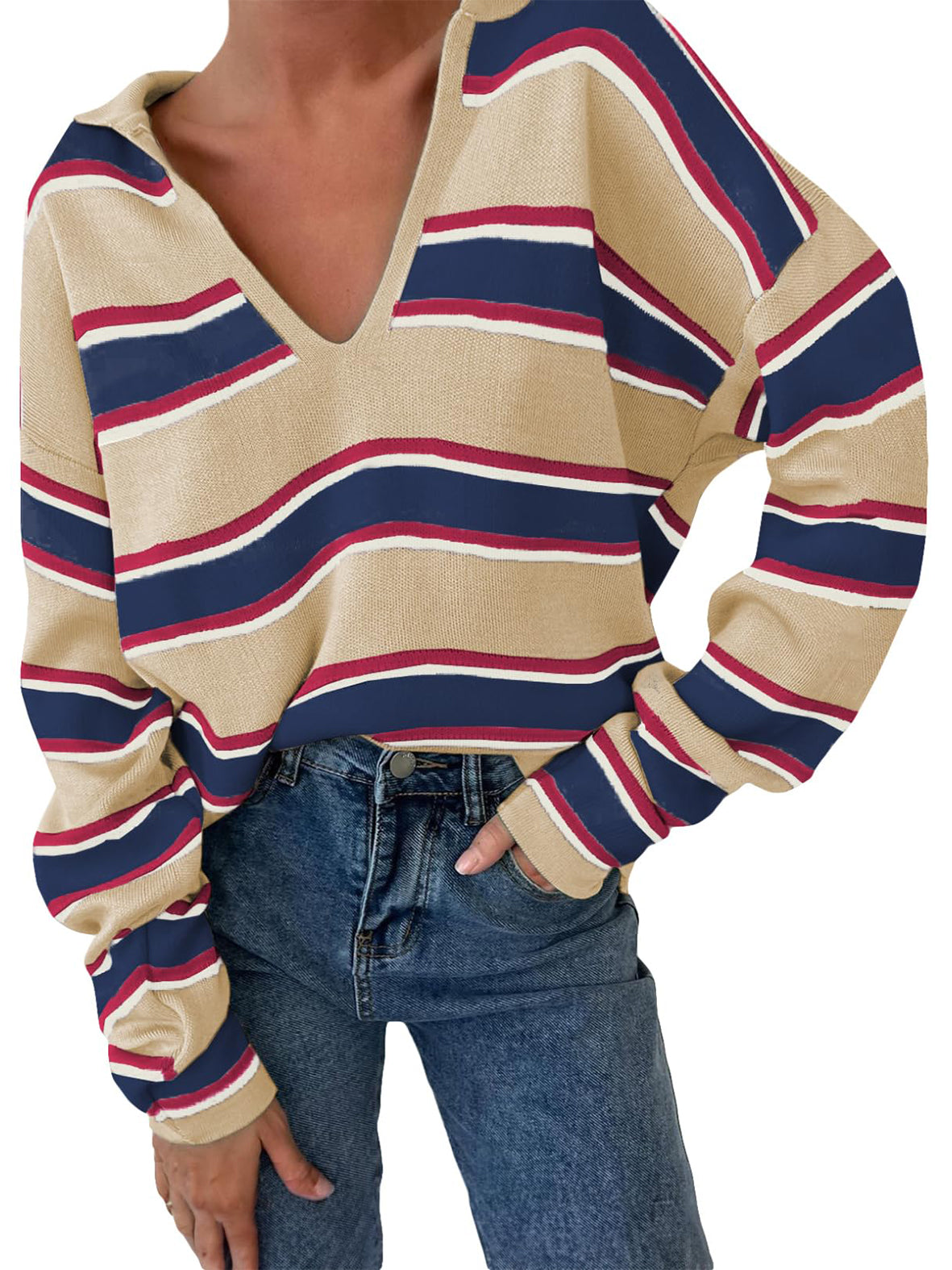 Women'S Striped Polo Collar Oversized Sweater
