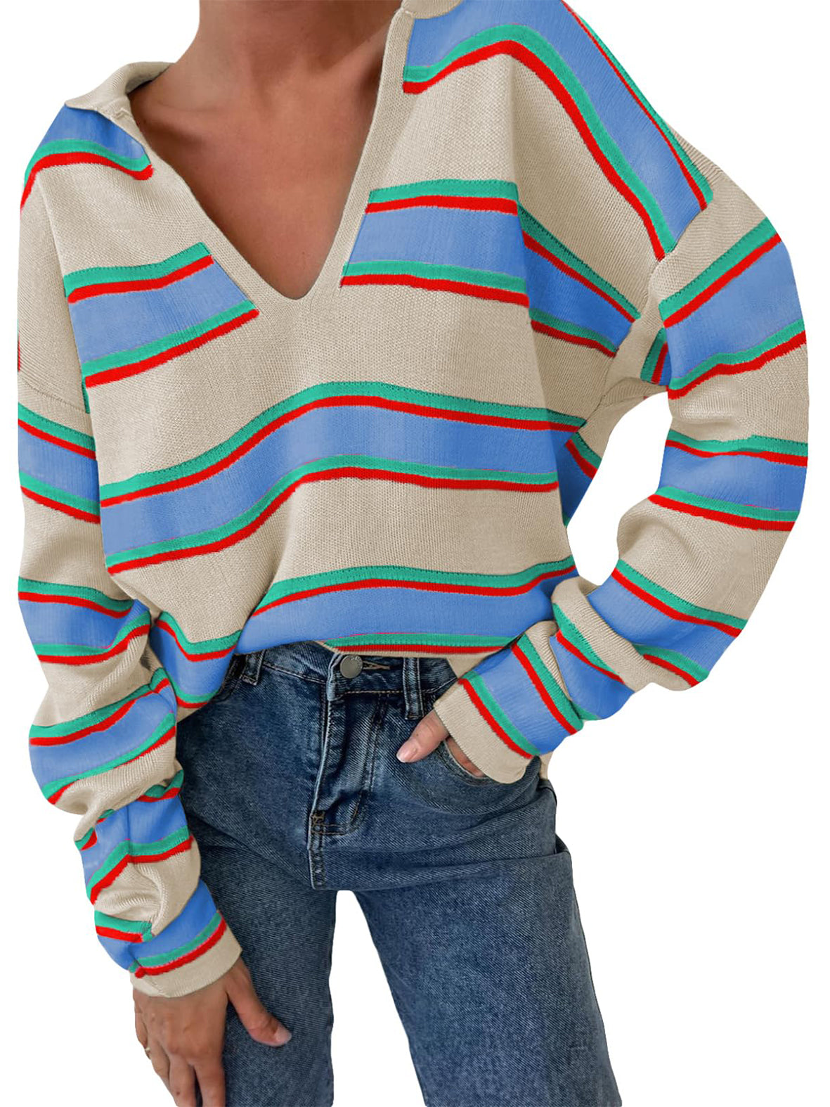 Women'S Striped Polo Collar Oversized Sweater