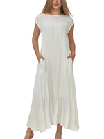 Women's Cap Sleeve Pleated Flowy Maxi Dress