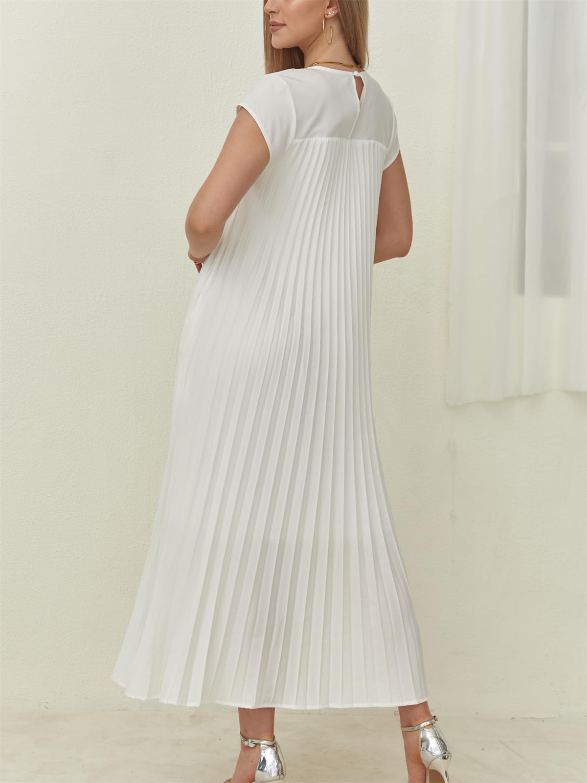 Women's Cap Sleeve Pleated Flowy Maxi Dress