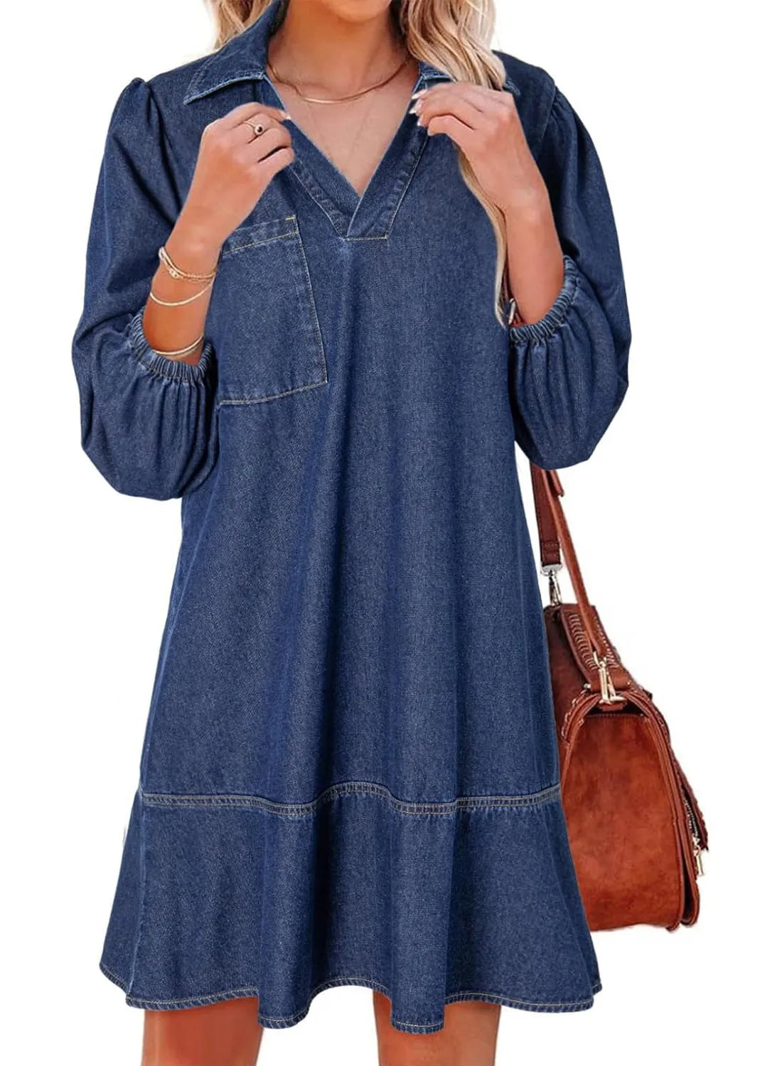 Women's V-Neck Puff Sleeve Denim Layered Dress