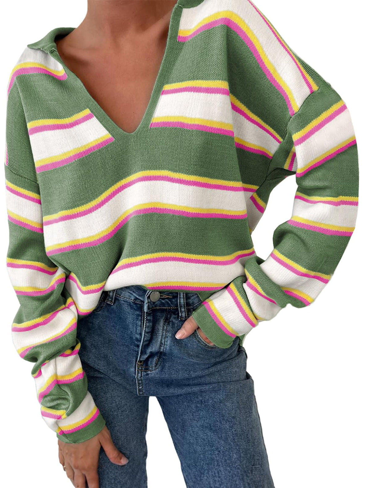 Women'S Striped Polo Collar Oversized Sweater
