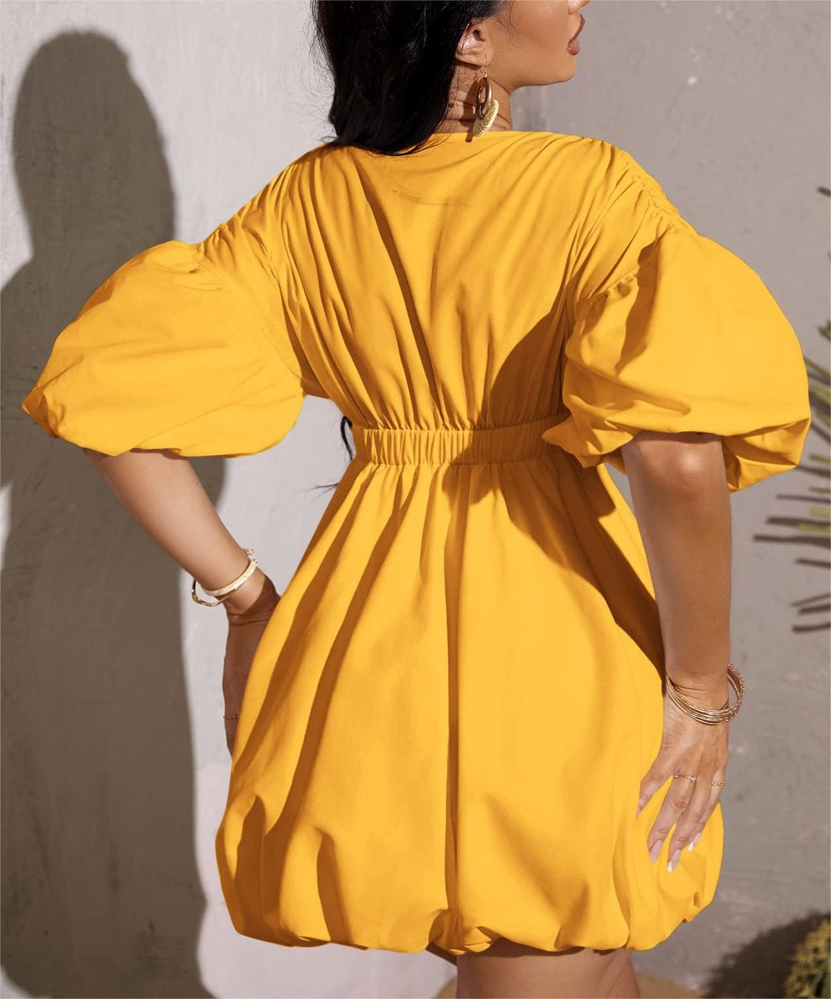 Women's Deep V-Neck Puffy Sleeve Elasticated High Waist Flared Dress